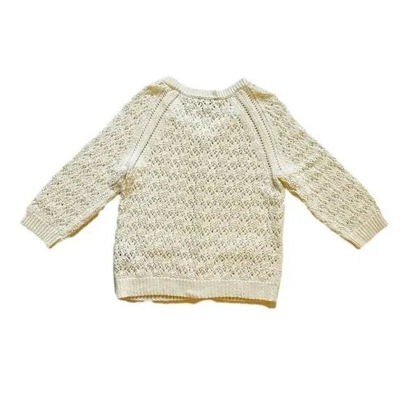 Lark Lane Cardigan Sweater Cream Cotton Crochet 3/4 Sleeve Cardigan Size Small - Picture 6 of 12